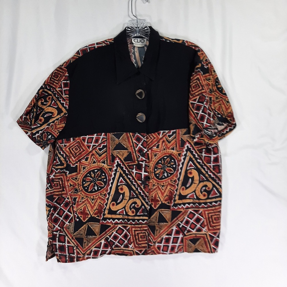 Clio Vintage 90s Tribal Geometric Print Short Sleeve Button Up Shirt Black Rust